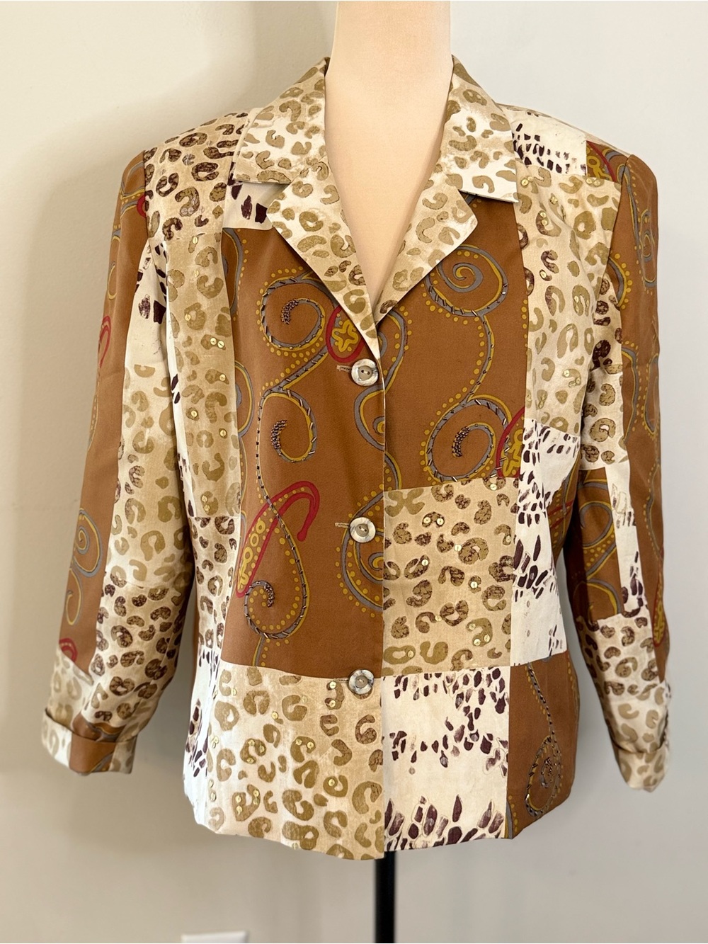 Nancy Bolen silk country western color block blazer leopard paisley sequins LG